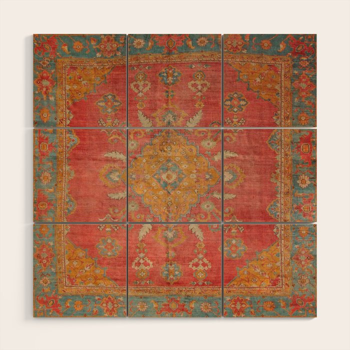 Antique Warm Coral Red & Burnt Orange Turkish Oushak Rug Print Wood Wall Art Gallery Image 1