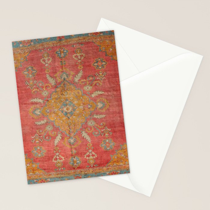 Antique Warm Coral Red & Burnt Orange Turkish Oushak Rug Print Stationery Card Gallery Image 2