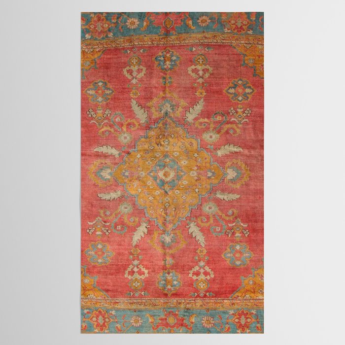 Antique Warm Coral Red & Burnt Orange Turkish Oushak Rug Print Tablecloth Gallery Image 2