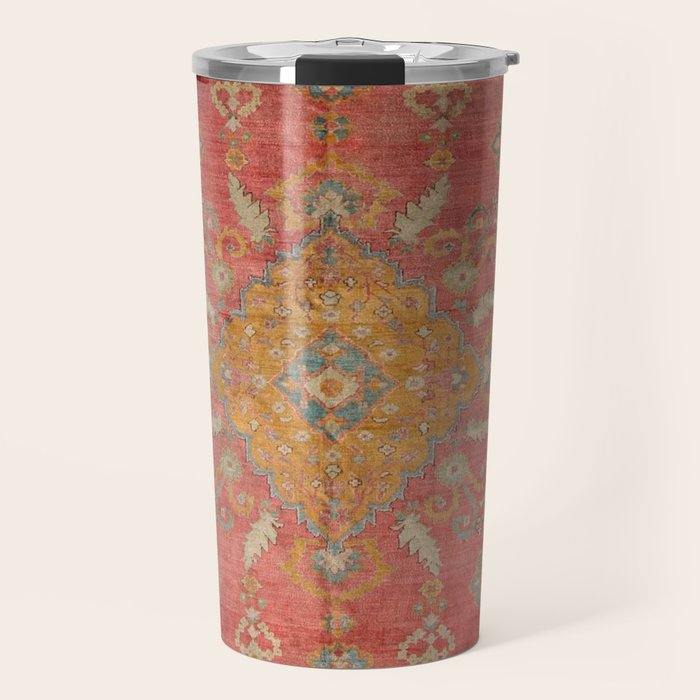 Antique Warm Coral Red & Burnt Orange Turkish Oushak Rug Print Travel Mug Gallery Image 1