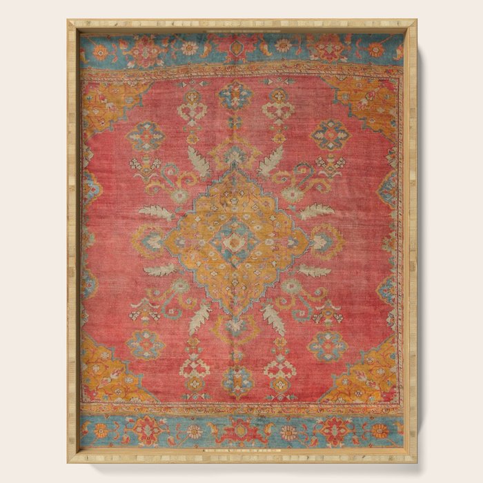 Antique Warm Coral Red & Burnt Orange Turkish Oushak Rug Print Serving Tray Gallery Image 1