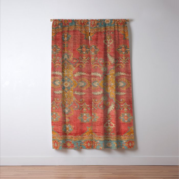 Antique Warm Coral Red & Burnt Orange Turkish Oushak Rug Print Window Curtain Gallery Image 3