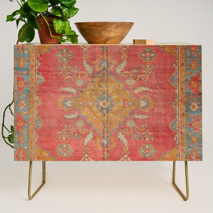 Antique Warm Coral Red & Burnt Orange Turkish Oushak Rug Print Credenza Gallery Image 1