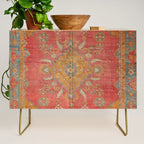 Antique Warm Coral Red & Burnt Orange Turkish Oushak Rug Print Credenza Gallery Image 1