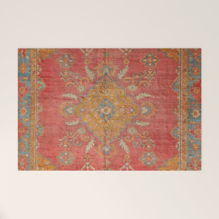 Antique Warm Coral Red & Burnt Orange Turkish Oushak Rug Print Welcome Mat Gallery Image 1
