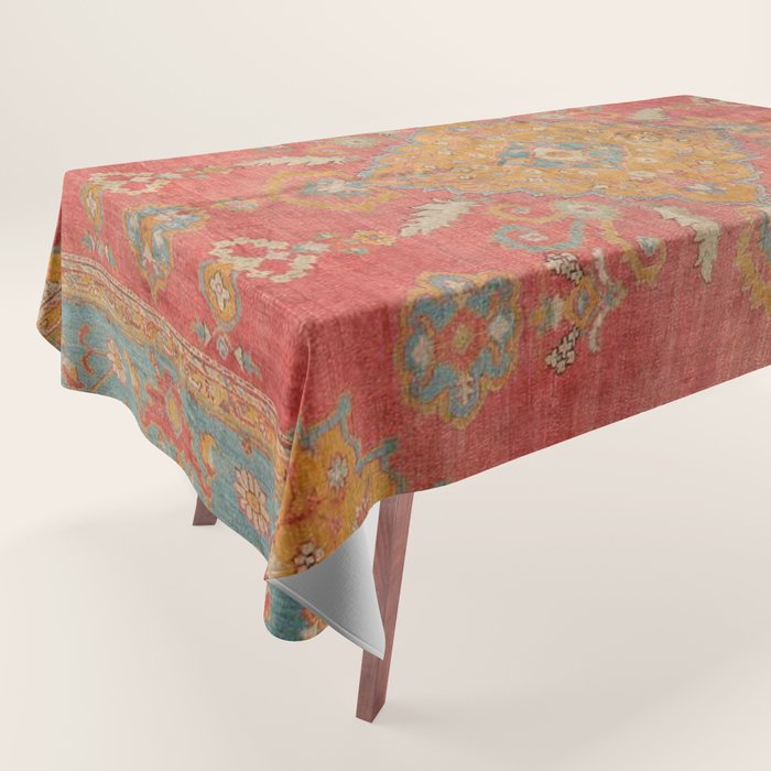 Antique Warm Coral Red & Burnt Orange Turkish Oushak Rug Print Tablecloth Gallery Image 1