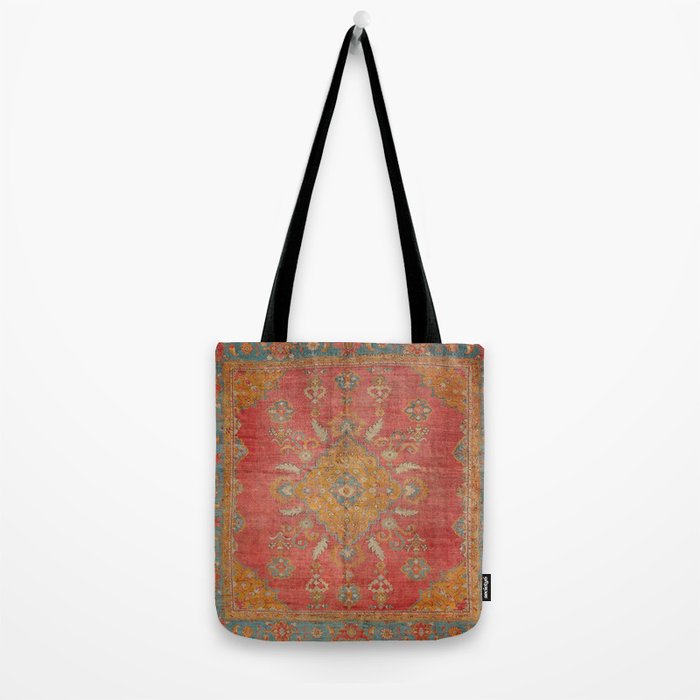 Antique Warm Coral Red & Burnt Orange Turkish Oushak Rug Print Tote Bag Gallery Image 2