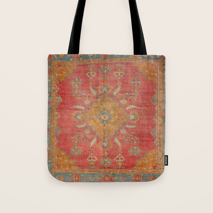 Antique Warm Coral Red & Burnt Orange Turkish Oushak Rug Print Tote Bag Gallery Image 1