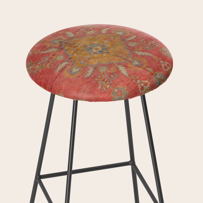 Antique Warm Coral Red & Burnt Orange Turkish Oushak Rug Print Stool Gallery Image 2