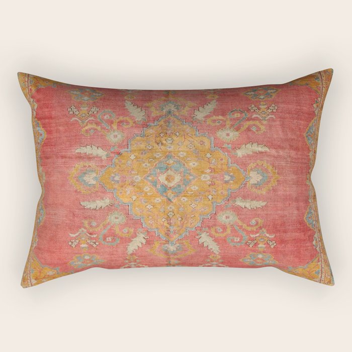 Antique Warm Coral Red & Burnt Orange Turkish Oushak Rug Print Rectangular Pillow Gallery Image 2
