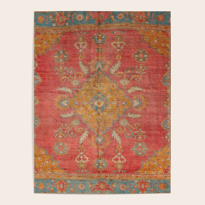 Antique Warm Coral Red & Burnt Orange Turkish Oushak Rug Print Poster Gallery Image 4