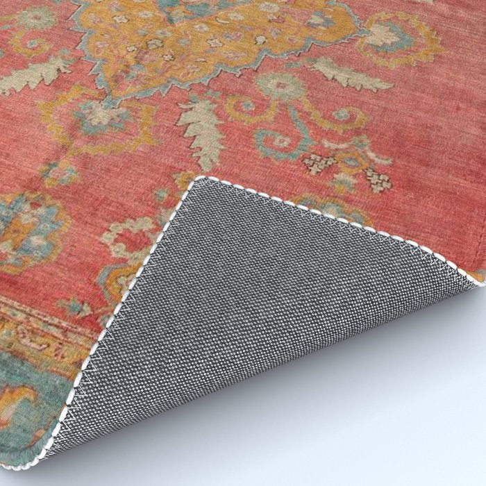 Antique Warm Coral Red & Burnt Orange Turkish Oushak Rug Print Rug Gallery Image 4