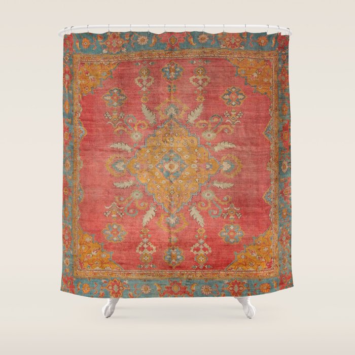 Antique Warm Coral Red & Burnt Orange Turkish Oushak Rug Print Shower Curtain Gallery Image 1