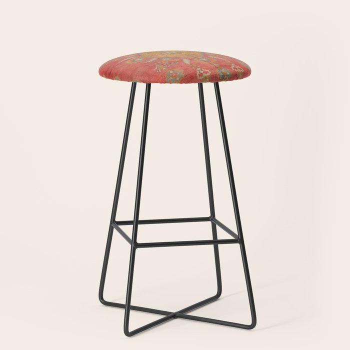 Antique Warm Coral Red & Burnt Orange Turkish Oushak Rug Print Stool Gallery Image 1