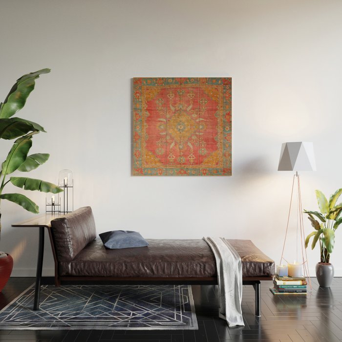 Antique Warm Coral Red & Burnt Orange Turkish Oushak Rug Print Wood Wall Art Gallery Image 2