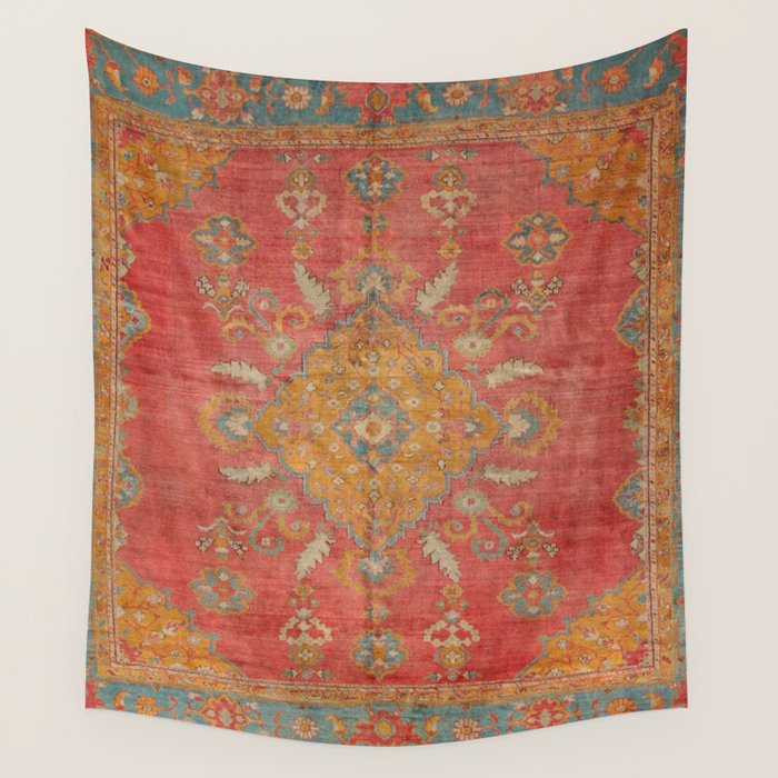 Antique Warm Coral Red & Burnt Orange Turkish Oushak Rug Print Wall Tapestry Gallery Image 4