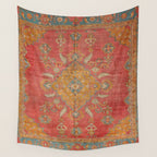 Antique Warm Coral Red & Burnt Orange Turkish Oushak Rug Print Wall Tapestry Gallery Image 4