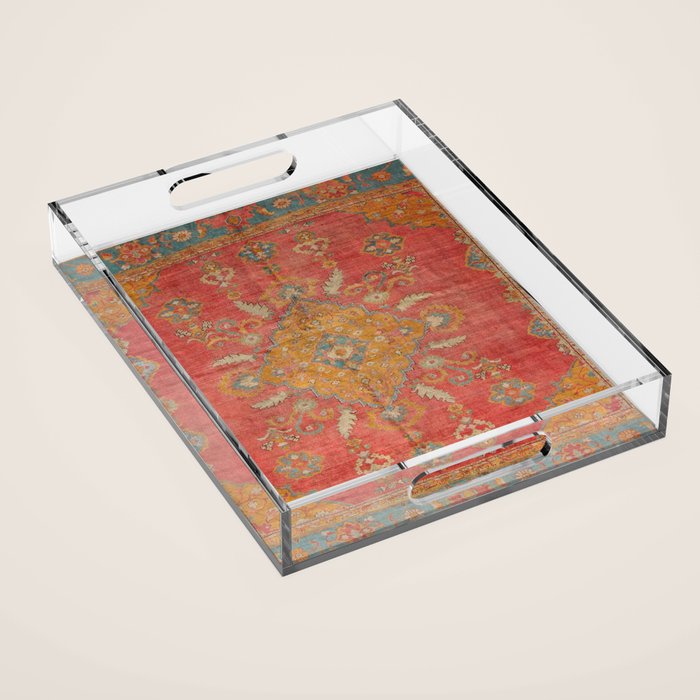 Antique Warm Coral Red & Burnt Orange Turkish Oushak Rug Print Acrylic Tray Gallery Image 1