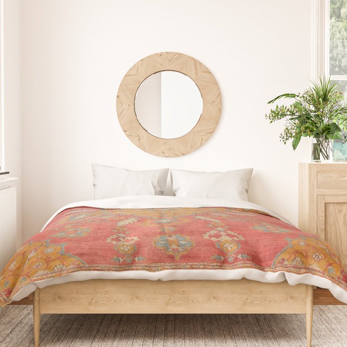 Antique Warm Coral Red & Burnt Orange Turkish Oushak Rug Print Duvet Cover Gallery Image 3