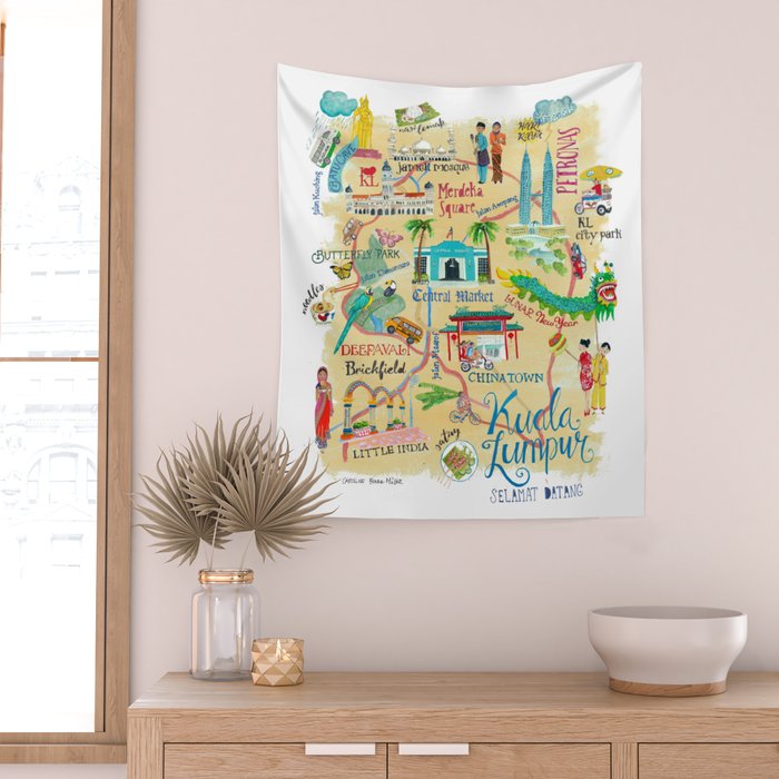 Illustrative map Kuala Lumpur Malaysia travel Wall Tapestry Gallery Image 2