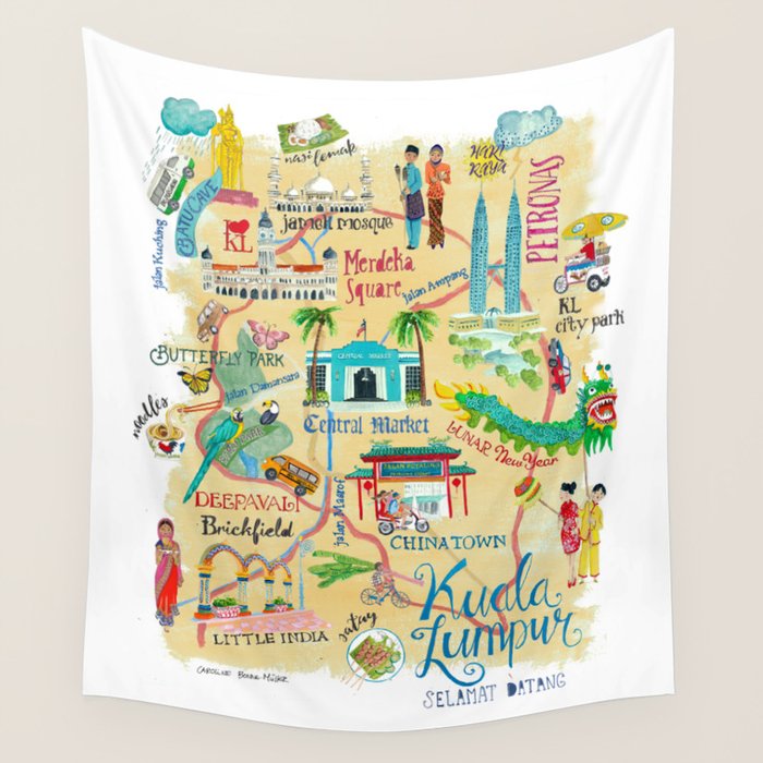 Illustrative map Kuala Lumpur Malaysia travel Wall Tapestry Gallery Image 1