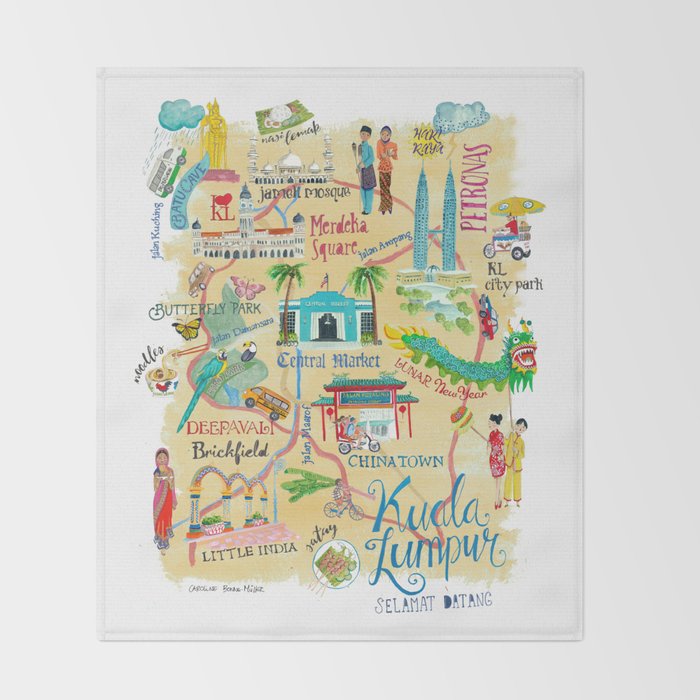 Illustrative map Kuala Lumpur Malaysia travel Throw Blanket Gallery Image 2