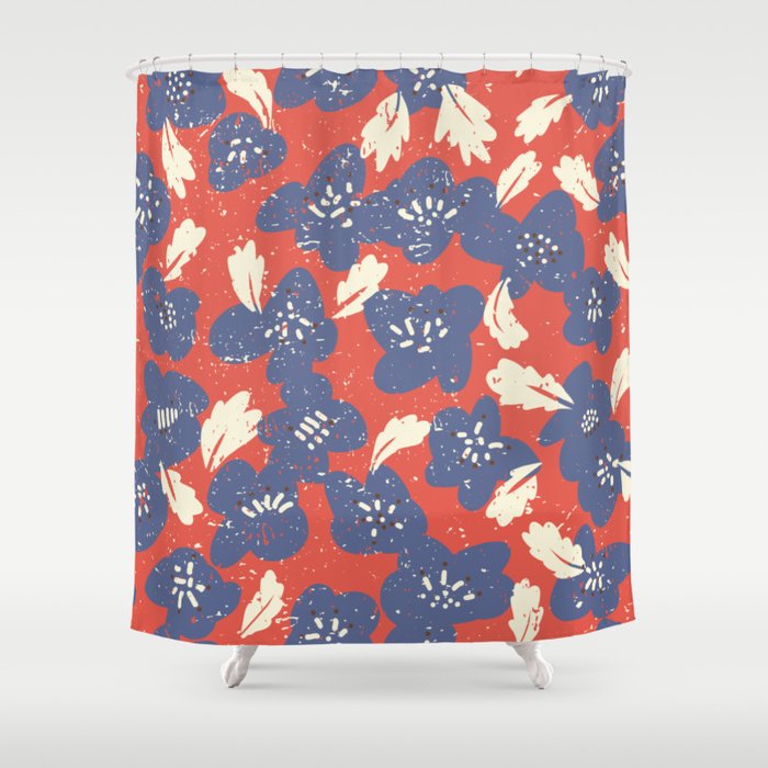 Bold flowers in my garden denim blue red Shower Curtain Gallery Image 1