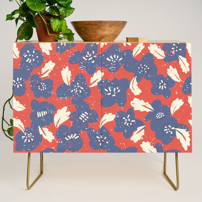 Bold flowers in my garden denim blue red Credenza Gallery Image 1