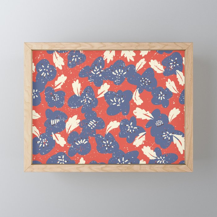 Bold flowers in my garden denim blue red Mini Art Print Gallery Image 1