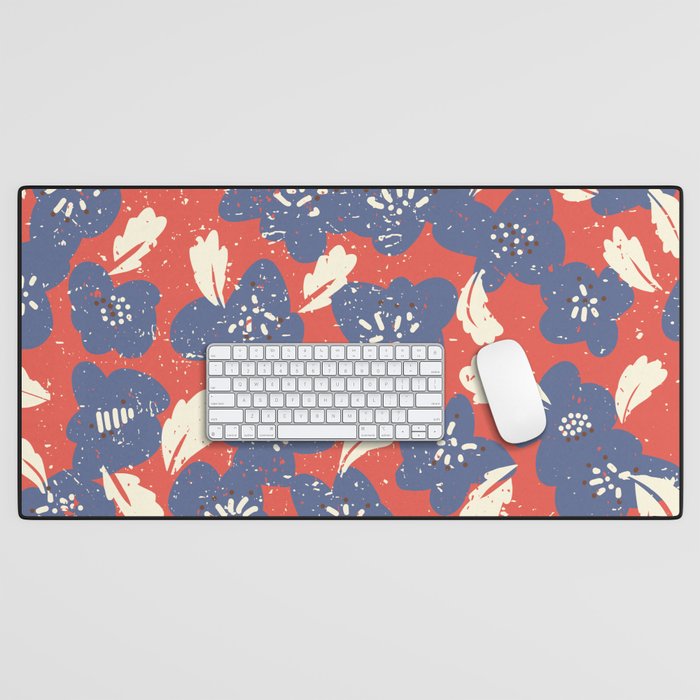 Bold flowers in my garden denim blue red Desk Mat Gallery Image 1