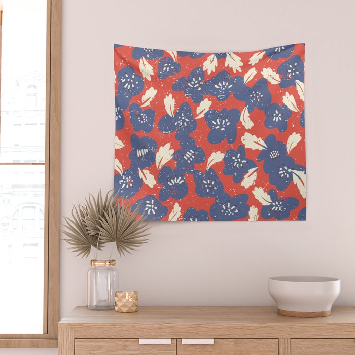 Bold flowers in my garden denim blue red Wall Tapestry Gallery Image 2