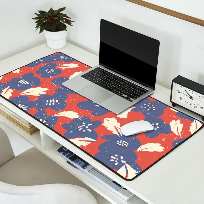 Bold flowers in my garden denim blue red Desk Mat Gallery Image 2