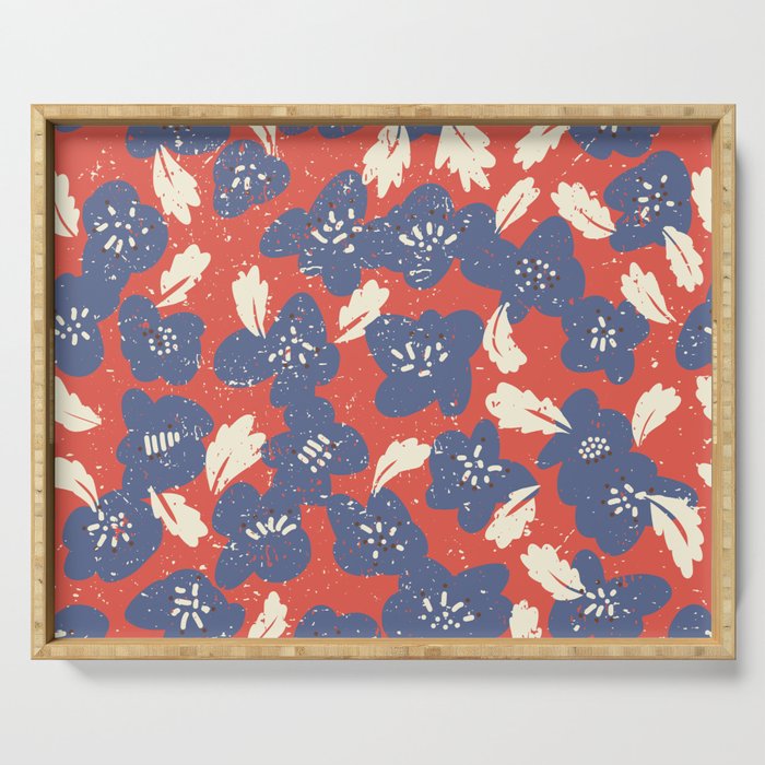 Bold flowers in my garden denim blue red Serving Tray Gallery Image 1