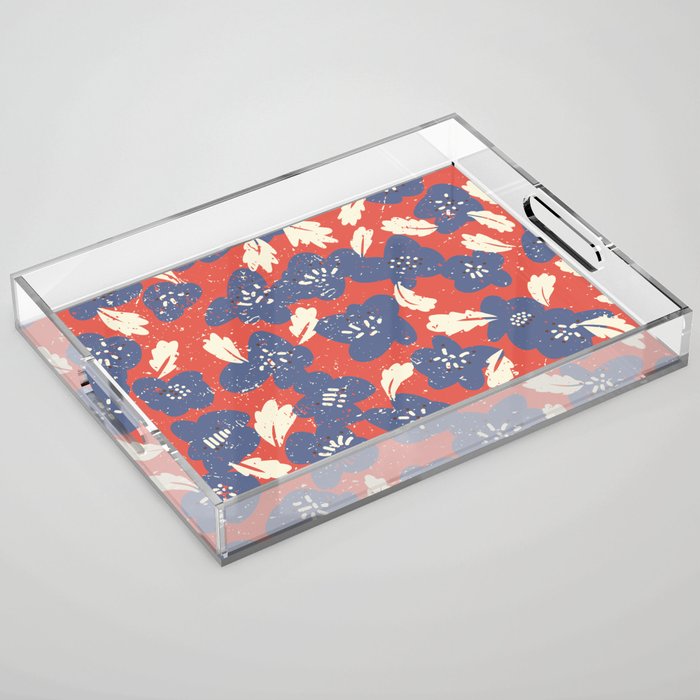 Bold flowers in my garden denim blue red Acrylic Tray Gallery Image 1
