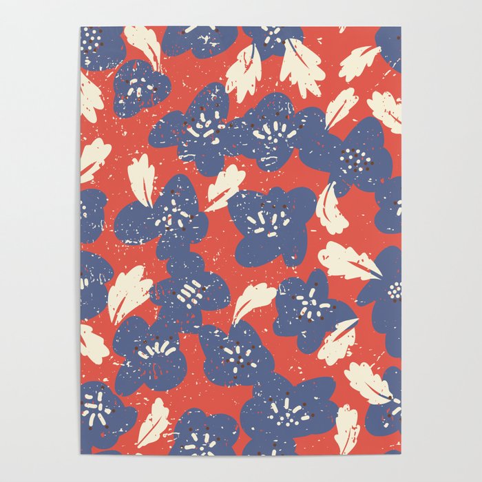 Bold flowers in my garden denim blue red Poster Gallery Image 4