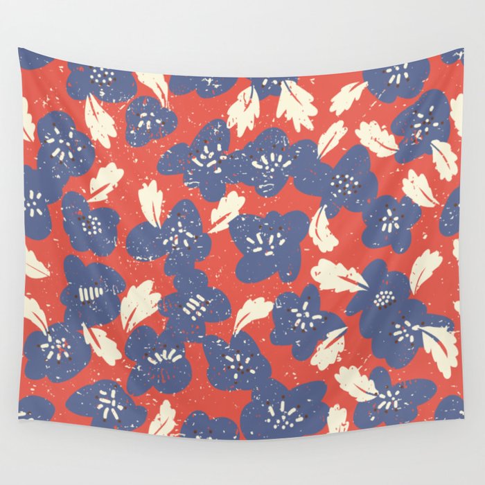 Bold flowers in my garden denim blue red Wall Tapestry Gallery Image 4