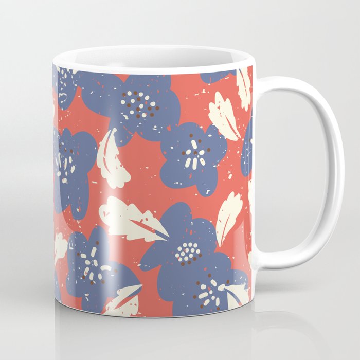 Bold flowers in my garden denim blue red Coffee Mug Gallery Image 1