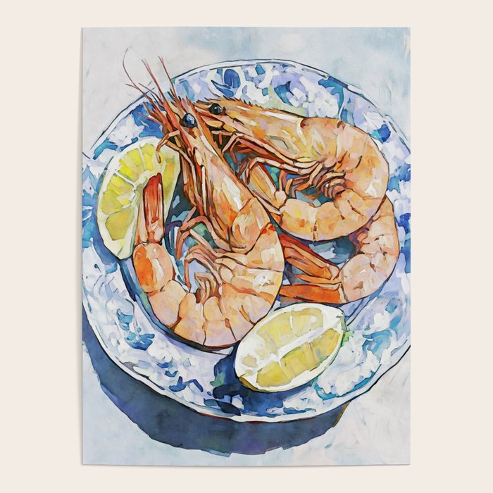 Prawns with Lemon Watercolor Still Life Poster Gallery Image 4
