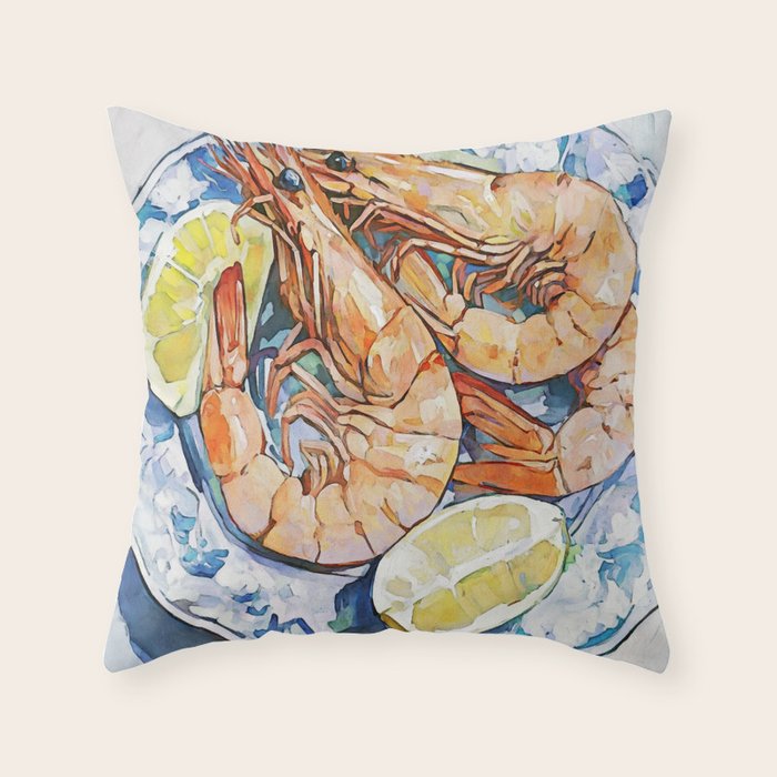 Prawns with Lemon Watercolor Still Life Throw Pillow Gallery Image 6