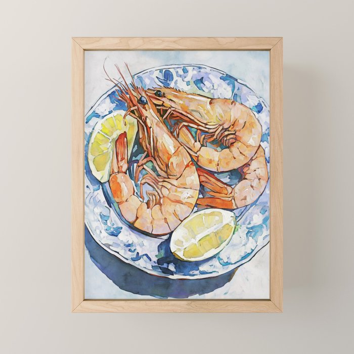 Prawns with Lemon Watercolor Still Life Mini Art Print Gallery Image 1