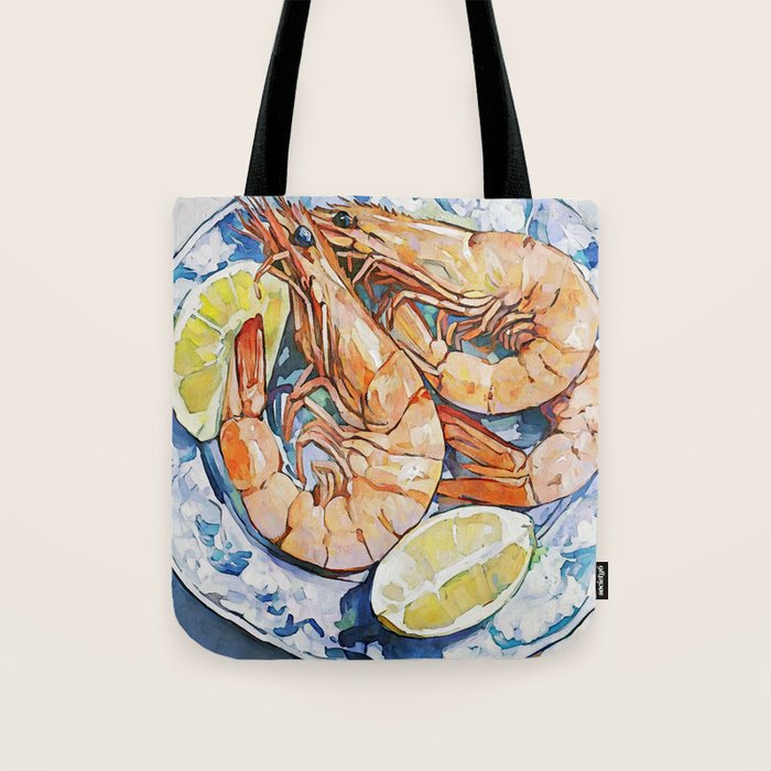 Prawns with Lemon Watercolor Still Life Tote Bag Gallery Image 1