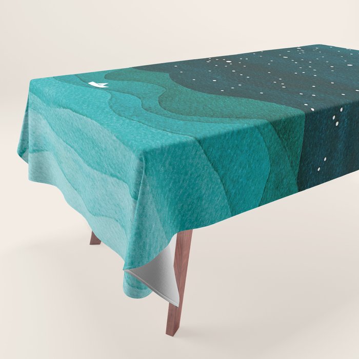 Starry Ocean, teal sailboat watercolor sea waves night Tablecloth Gallery Image 1