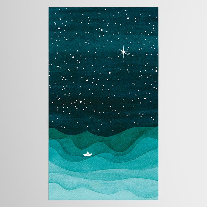 Starry Ocean, teal sailboat watercolor sea waves night Tablecloth Gallery Image 2