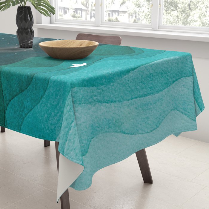 Starry Ocean, teal sailboat watercolor sea waves night Tablecloth Gallery Image 3
