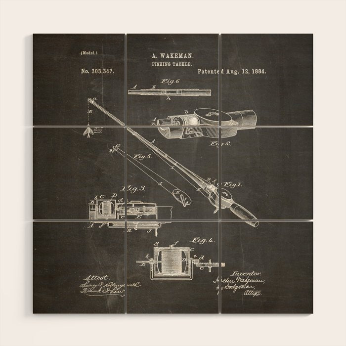 Fishing Rod Patent - Fishing Art - Black Chalkboard Wood Wall Art Gallery Image 1