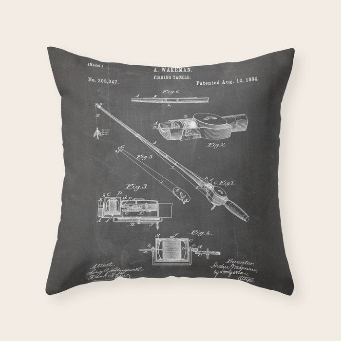 Fishing Rod Patent - Fishing Art - Black Chalkboard Throw Pillow Gallery Image 1