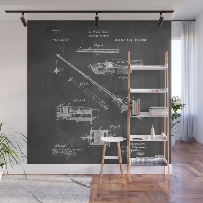 Fishing Rod Patent - Fishing Art - Black Chalkboard Wall Mural Gallery Image 1