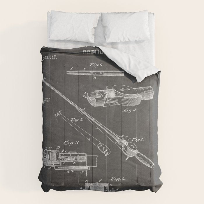 Fishing Rod Patent - Fishing Art - Black Chalkboard Comforter Gallery Image 6