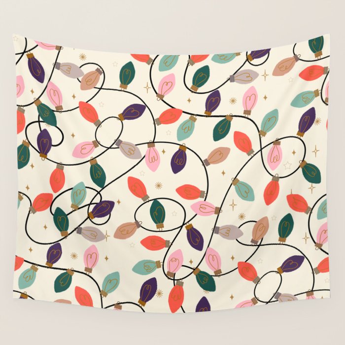 Whimsical Festive String Lights Seamless Pattern Wall Tapestry Gallery Image 4