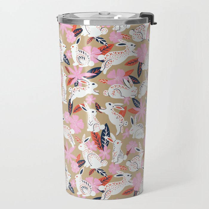 Bunnies & Blooms - Coral & Pink Travel Mug Gallery Image 2